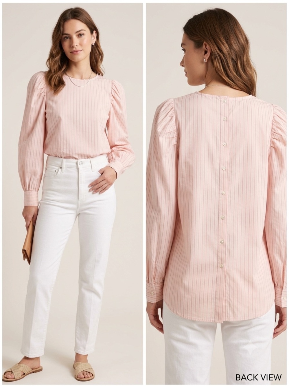 NWT Treasure & Bond Cotton Pink Pinstripe Puff-Sleeve Preppy Career Blouse SZ XS